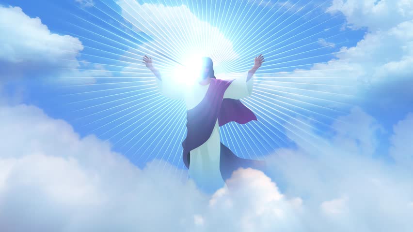 Motion graphics of Ascension Day of Jesus Christ, Jesus Christ raises his hands in divine glory, surrounded by holy light and a beautiful cloudscape, as he ascends to heaven Royalty-Free Stock Footage #3487960453