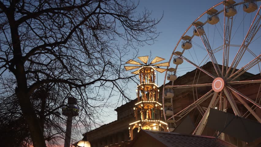 View of ferris wheel and Christmas Market and St. Georges Hall, Liverpool City Centre, Liverpool, Merseyside, England, United Kingdom, Europe