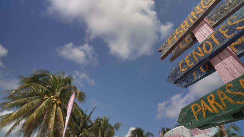 View of rustic signpost near Puerto Morelos, Caribbean Coast, Yucatan Peninsula, Mexico, North America
