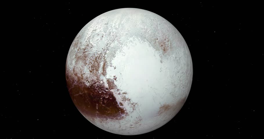 A 3D animation depicting the rotation of Pluto a dwarf planet in the Kuiper belt, a ring of bodies beyond the orbit of Neptune.