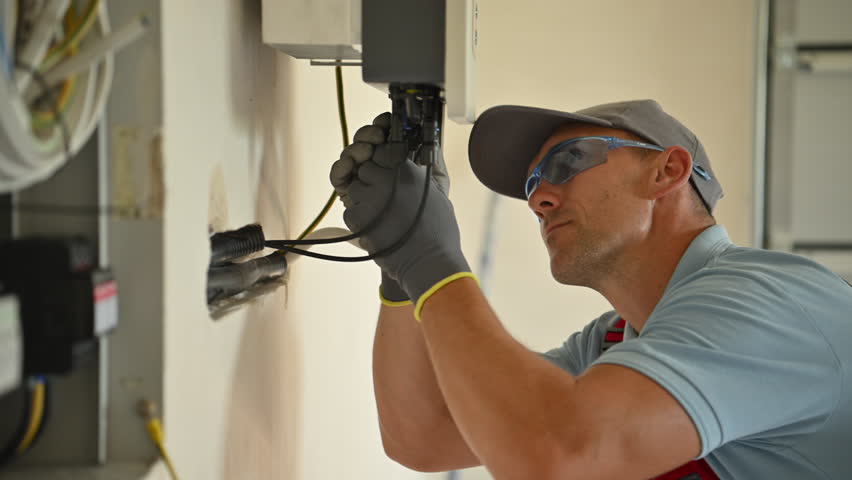 Closeup of Professional Electrician Performing Solar Panel Power Station Installation in Residential House. Electricity Generation Theme.