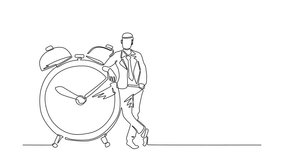 Self drawing animation of single line draw businessman, manager stand leaning to big clock. Concept of time management. Time, watch, limited offer, deadline. Continuous line draw. Full length animated - Powered by Shutterstock - Get 15% off with code: PIKWIZARD15