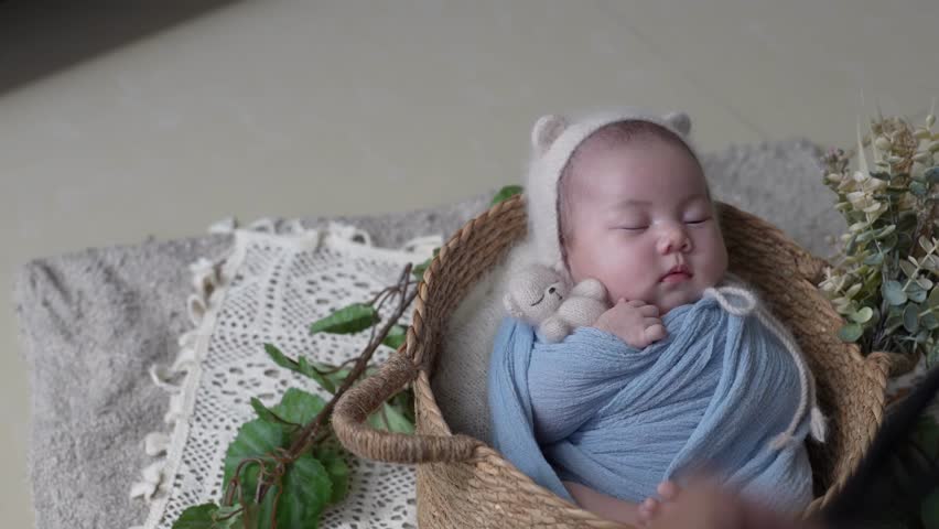 A Japanese photographer in his 30s taking a newborn photo of a 32-day-on Taiwanese baby wrapped in a blue wrap