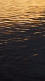 Sunlight plays on the calm sea waves. The surface of the sea water at sunset. Ripples on the water in close-up. Vertical video, shorts.