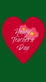 This is a motion poster that says World Teacher's Day. There is a pink heart in the middle with a globe, books, a clock, and other school supplies around it.