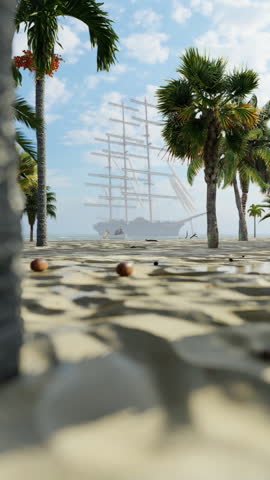 Conquest of Paradise, old vessel and crew boat arriving on an unexplored tropical island, vertical video