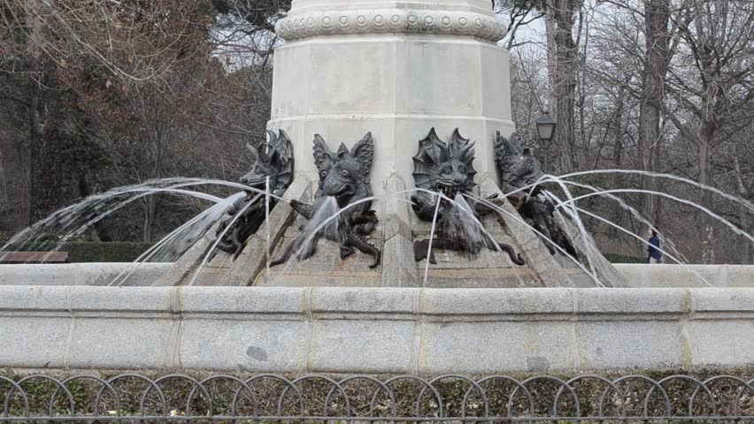 Madrid, capital city of Spain. Old monument in Retiro Park - the Fallen Angel. Only in the world a monument to the Satan.