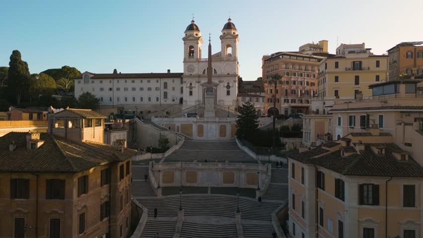 Beautiful Establishing Drone Shot of Spanish Steps and Trinita dei Monti Church. Rome, Italy