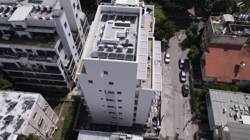 Drone top view of buildings and highways around Bublick Street in the city of Tel Aviv, Israel