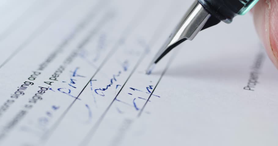 Fountain pen leaves a signature on a white paper Royalty-Free Stock Footage #3488424343