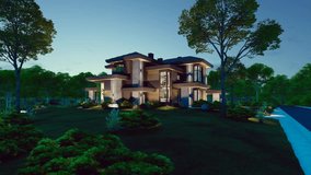 4K video rendering of modern two story house with gray and wood accents, large windows for sale or rent in luxurious style and beautiful landscaping on background. Starlight Night