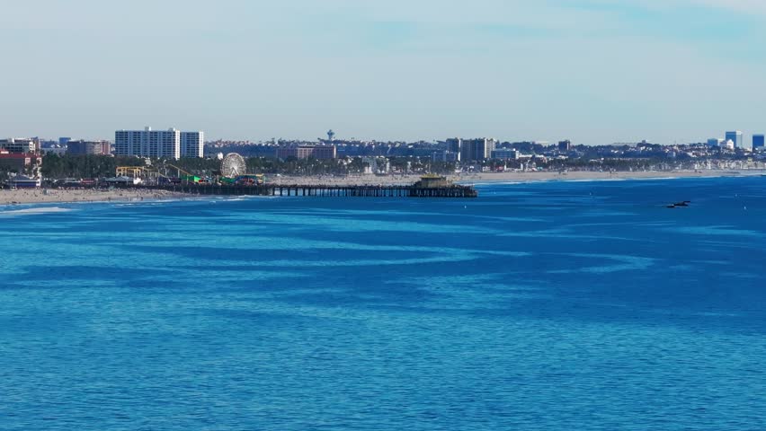 Drone shot of Santa Monica Pier in California outside of Los Angeles