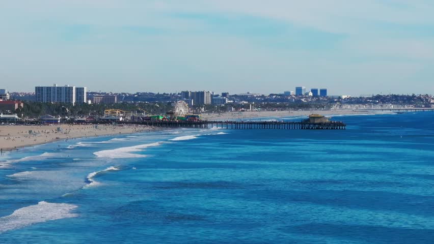 Static drone shot of Santa Monica Pier in California