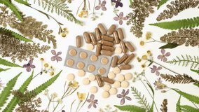 Medical herbs and pills background rotating. Homeopathy and dietary supplements with medicinal herbs. Herbal medicine, Herbal therapy, homeopathy, alternative medicine concept Top view, vertical video - Powered by Shutterstock - Get 15% off with code: PIKWIZARD15