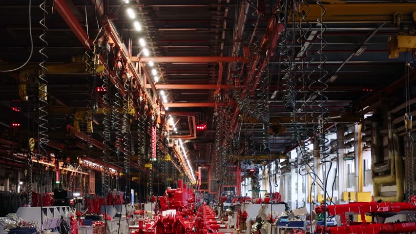 Tractor production process at the factory. Industrial conveyor in the workshop of an automobile plant with different metal parts of tractors.