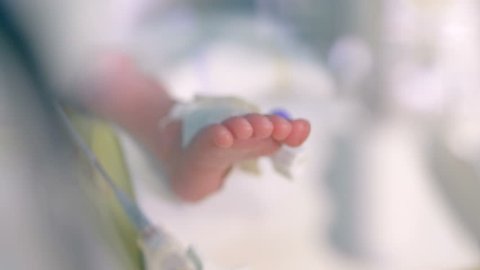 Feet and toes of an infant inside a ICU incubator. 