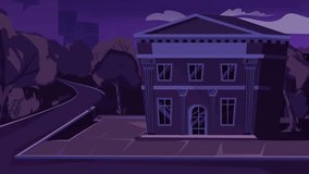 2d animated cartoon background of a villa house in the city at night, which is zoomed towards and the lights of the house are turned on. sky and clouds are moving. 4K resolution.