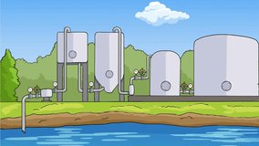 2d animated cartoon Background pan of city water purification steps and water purification devices in water treatment plant by the sea and water source. 4K resolution.