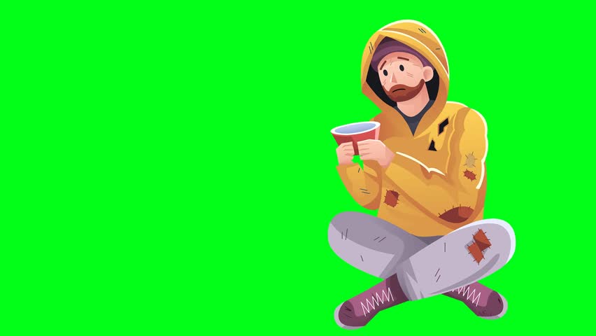 2d animated cartoon Feeding food the character of the poor and needy man who is sitting on the corner of the street and is hungry. in green screen chroma key. 4K resolution.
