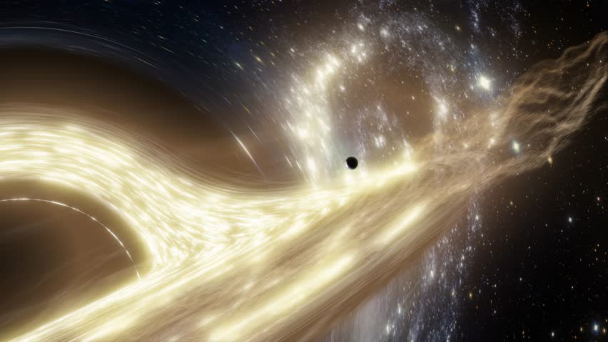 Animation featuring a close-up view of a black hole, as a small planet is caught in the violent orbit of the spinning accretion disc, while the light from the stars in the background is warped.