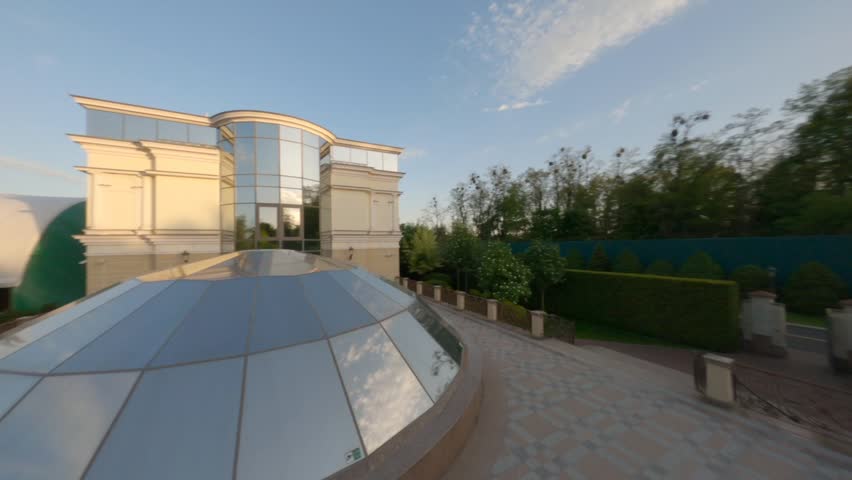 National Park in Ukraine. garden design. 4k top aerial view from above. Amazing house building rich residence Yanukovych. Drone camera view above elite palace pond