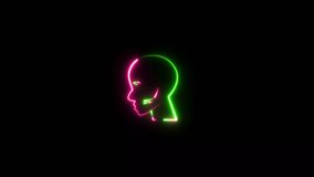 Neon human Face icon. Human head line icon animation. Glowing neon human head on black background. black silhouette of the profile of the human head.