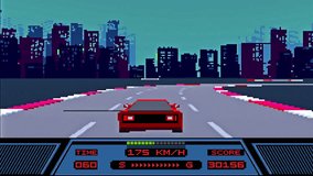 Pixelated Car Speeding Up To Surpass Rivals In Retro Driving Simulator. Driving Vehicle Overtaking Opponents In Street Race Simulator. Retro Gaming Concept. Driving Simulator Supercar. Retro Arcade