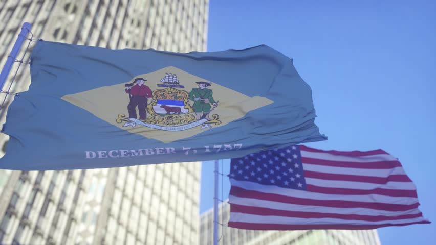 Delaware and American Flag waving in sky. High detailed waving flag of Delaware and USA. Delaware state flag