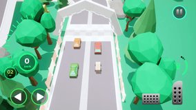 Launching the mobile application arcade low-poly racing simulator. Starting a challenge in a mobile app arcade challenge. Player achieving the victory in a mobile app arcade level. Win.