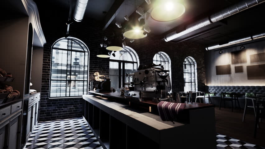 black and white checkered floor in a modern cafe interior.