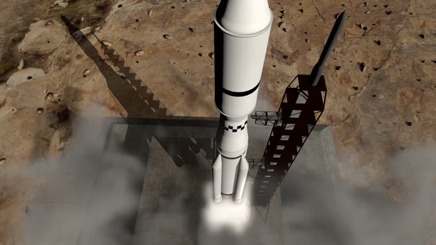 Close-up of a rocket launch to space. Detailed animation with dynamic smoke and