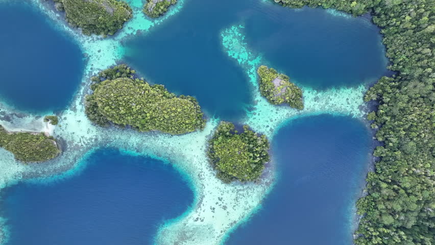 Early morning light illuminates the beautiful limestone islands of Pef in Raja Ampat, Indonesia. This remote, tropical region is known to harbor the world