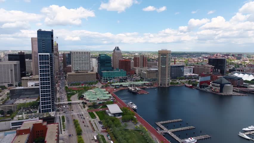 City of Baltimore, Maryland, USA, on a bright and sunny day in the inner harbor in 2024.