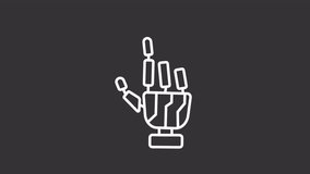 Animated robotic touch white icon. Bionic hand taps screen line animation. Artificial intelligence concept. Isolated illustration on dark background. Transition alpha video. Motion graphic