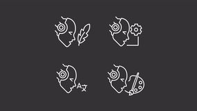 AI creativity white line animations. Animated robotic heads icons. Artificial intelligence. AI driven content. Isolated illustrations on dark background. Transition alpha. HD video. Icon pack