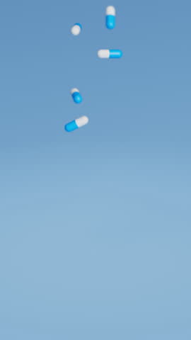 White and blue pills falling on blue background in slow motion. Drugs, pills, tablets, medicine concept. 3d render animation. Vertical video. 3D Illustration