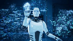 Futuristic Humanoid AI Robot Engages in Advanced Data Analysis and Machine Learning. Utilizing Cloud Computing, Process Big Data with Neural Networks and Cyber Security Systems in Virtual Environment - Powered by Shutterstock - Get 15% off with code: PIKWIZARD15