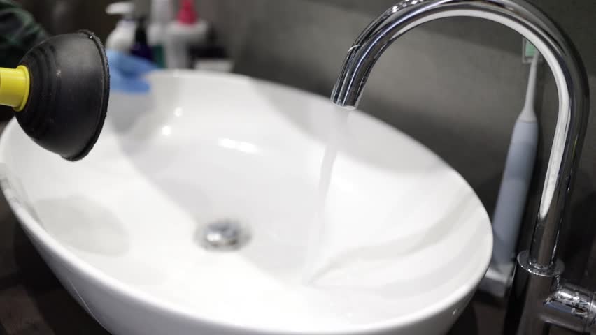plunger unblocking white wash hand basin sink, man's hand. Royalty-Free Stock Footage #3489095583