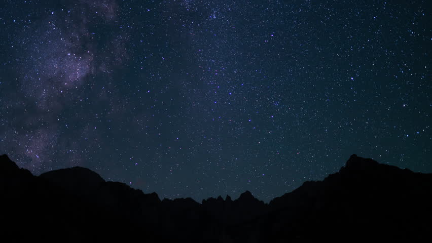 Delta Aquarids Meteor Shower and Milky Way Galaxy 50mm Southwest West Sky Tilt Up Mt Whitney Peaks Purple Sierra Nevada California USA Royalty-Free Stock Footage #3489138625