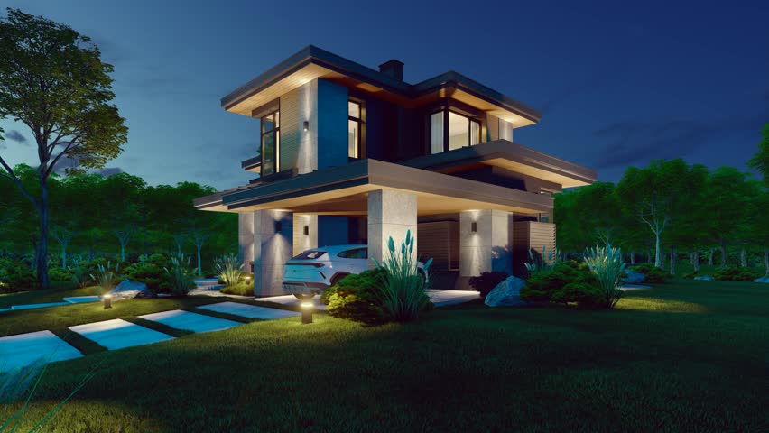 4K video rendering of modern two story house with gray and wood accents, large windows for sale or rent in luxurious style and beautiful landscaping on background. Starlight Night