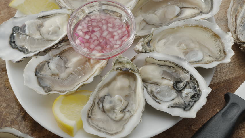 Fresh raw edible oysters, popular shellfish seafood close-up. Mollusk marine oysters. Royalty-Free Stock Footage #3489193959