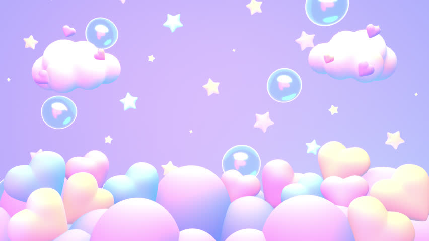 Looped cartoon hearts on the clouds with flying stars and bubbles in the purple sky animation.