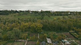 Aerial video of beautiful green small forest on cloudy day