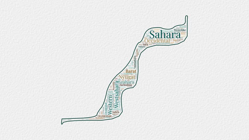 Western Sahara logo animation. Western Sahara boundary word cloud animation. Video of country names in multiple languages popping out on paper style background.