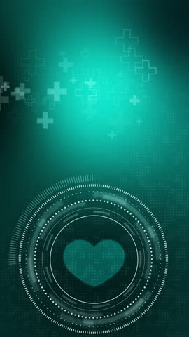 Animation cardiogram symbol on dark green abstract background with beating heart shape. Hospital crosses. Medical looped background. Vertical video.