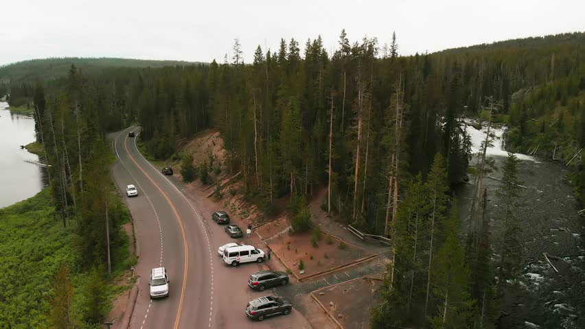 Amazing aerial view of Yellowstone National Park car parking
