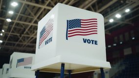 Voting booth with American flag logo at polling station. National Election Day in the United States of America. Presidential race and elections coverage. Civic duty, patriotism and democracy concept. - Powered by Shutterstock - Get 15% off with code: PIKWIZARD15