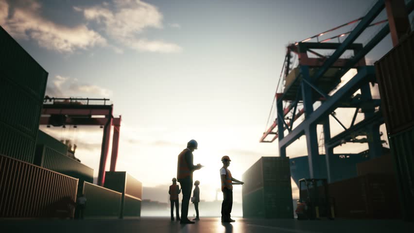 Supervisor in the container terminal. Silhouette of working engineers in the port of a container terminal. Working morning at the port container terminal
