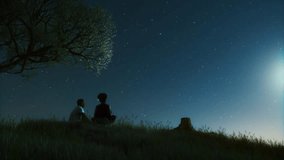 Guy and girl talking under the night sky. Shooting star in the night sky. Young couple talking under a tree. Man with girlfriend under stars - Powered by Shutterstock - Get 15% off with code: PIKWIZARD15