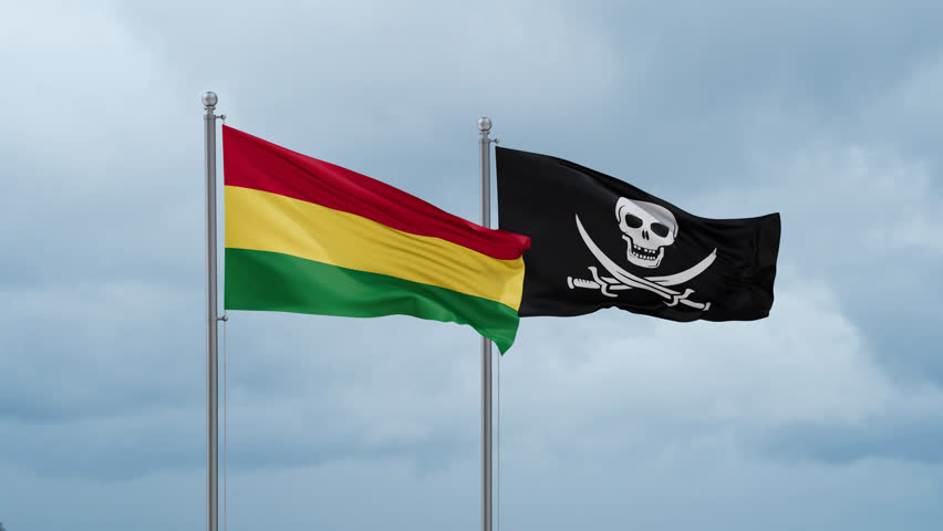 Bolivia flag and Corsair flag waving together on cloudy sky, endless seamless loop Royalty-Free Stock Footage #3489744523